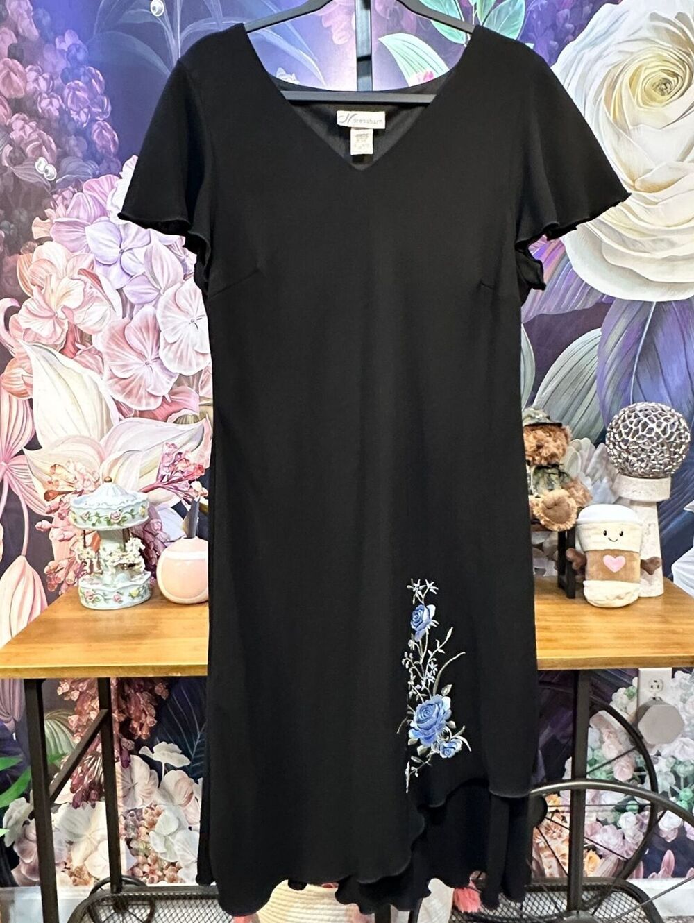 Vintage Dressbarn 18 Embroidered Rose Midi Dress Layered Hem Romantic Black